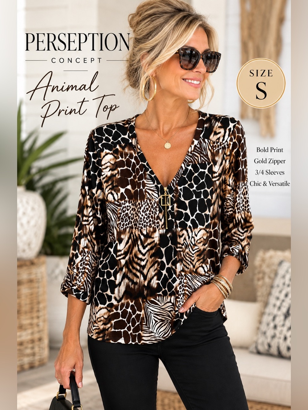 Perseption Concept Animal Print Zip Front Top Blouse Small